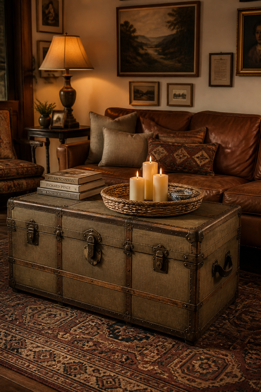 A vintage wardrobe trunk with original brass hardware serves as a coffee table in a warm living room, its layered material history adding authenticity that no showroom piece can replicate.