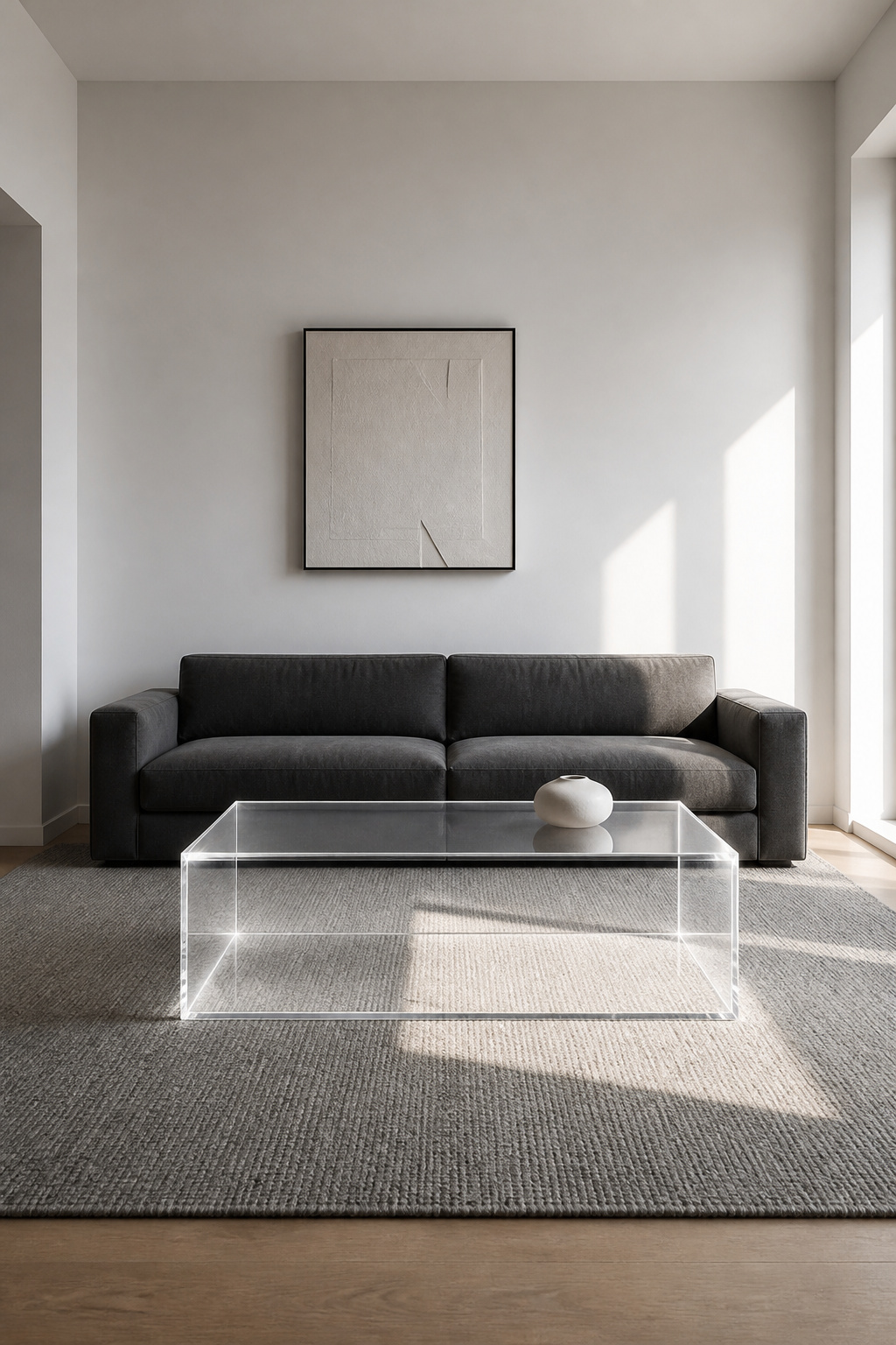 A solid block cell-cast acrylic coffee table in a spare minimalist living room catches directional light along its edges, producing the characteristic optical glow that distinguishes quality Lucite from glass or anything else.