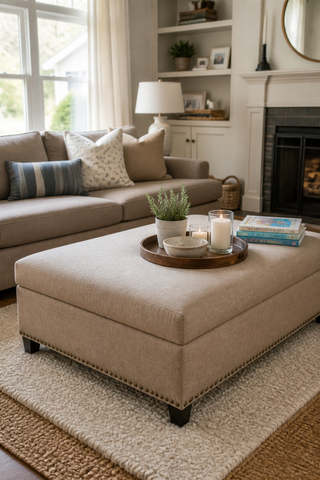 A large upholstered ottoman in performance linen-textured Crypton fabric anchors a family living room, a lacquered walnut tray making the soft surface fully functional without sacrificing warmth.