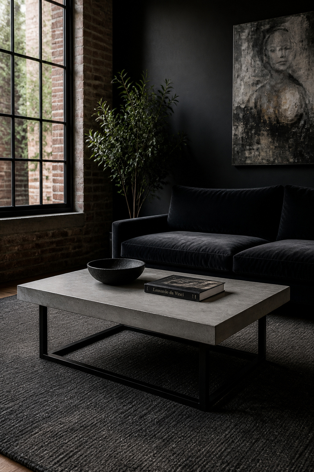 A steel-trowelled GFRC concrete coffee table on a matte black base anchors a dark-palette loft living room, its smooth grey surface communicating permanence against exposed brick and charcoal velvet.