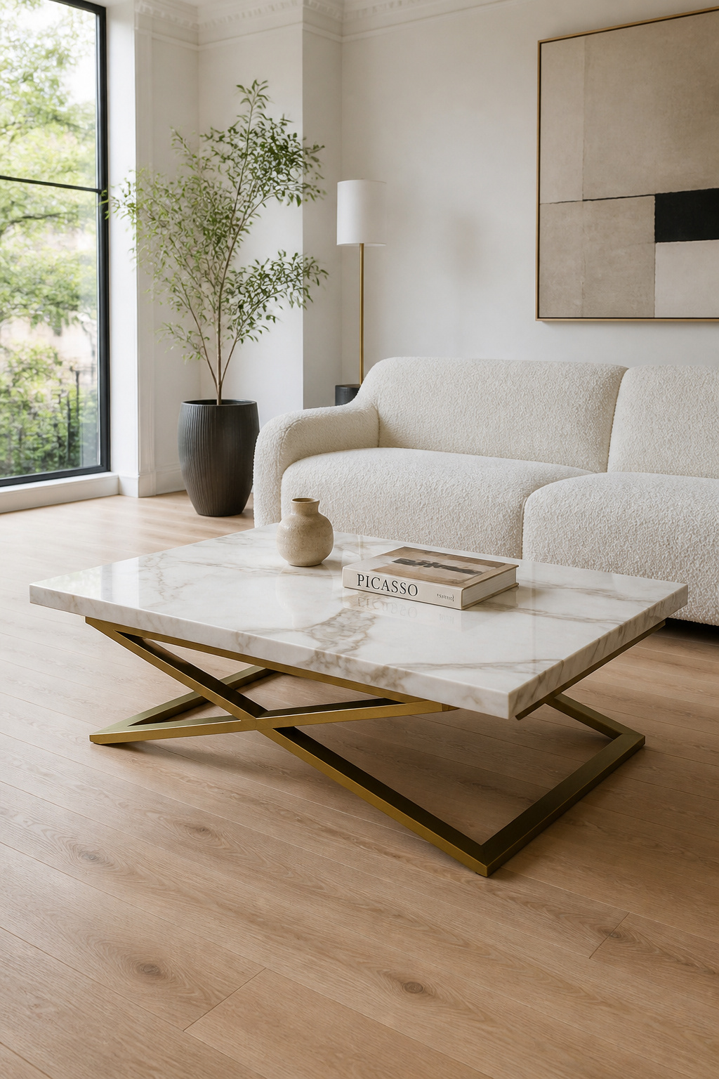 A honed Calacatta marble coffee table on an aged-brass base brings quiet drama to a contemporary living room, the stone's bold veining in conversation with the warm metal below.