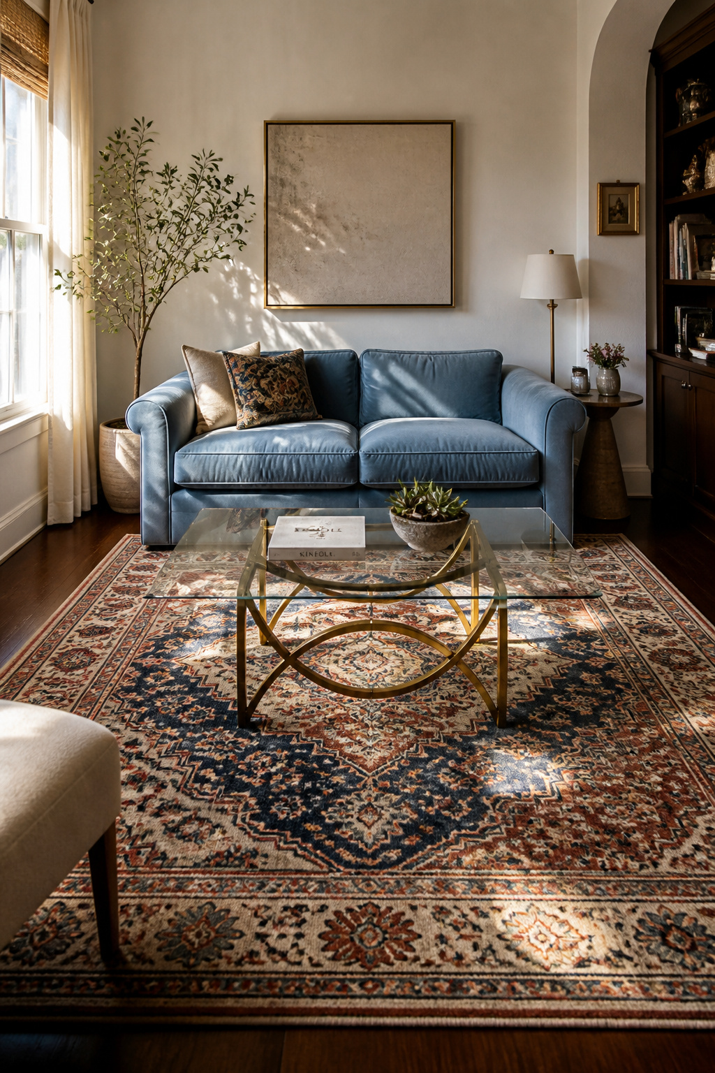 A clear tempered glass coffee table on an aged-brass sculptural base allows the richly patterned rug beneath to read as continuous — the visual trick that makes compact living rooms feel genuinely larger.
