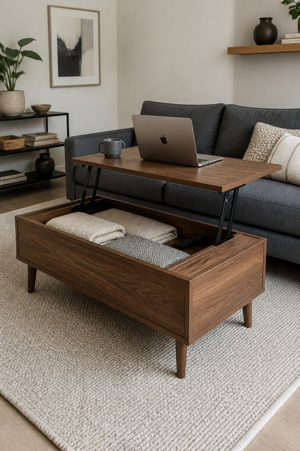 A lift-top coffee table in walnut veneer with the surface raised to working height reveals generous interior storage — a functional solution that reads as considered furniture, not a space-saving compromise.