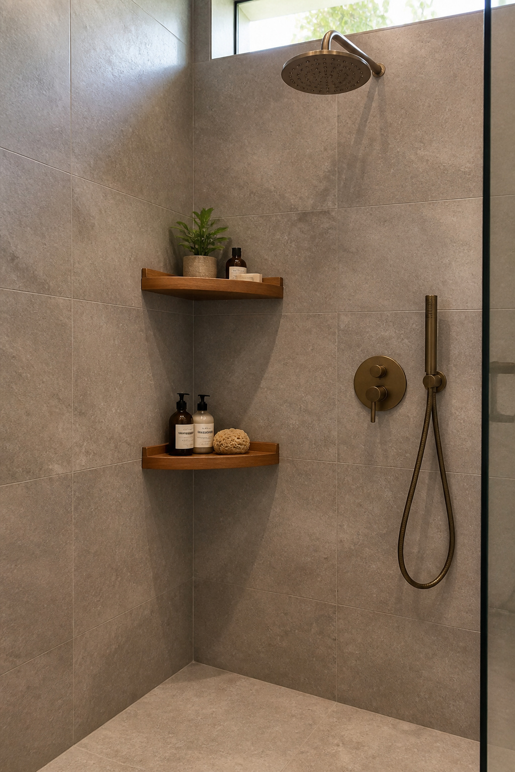 Two teak corner shower shelves at staggered heights replace the tension-pole caddy entirely — natural wood grain against gray stone tile for a clean spa-like organization system.