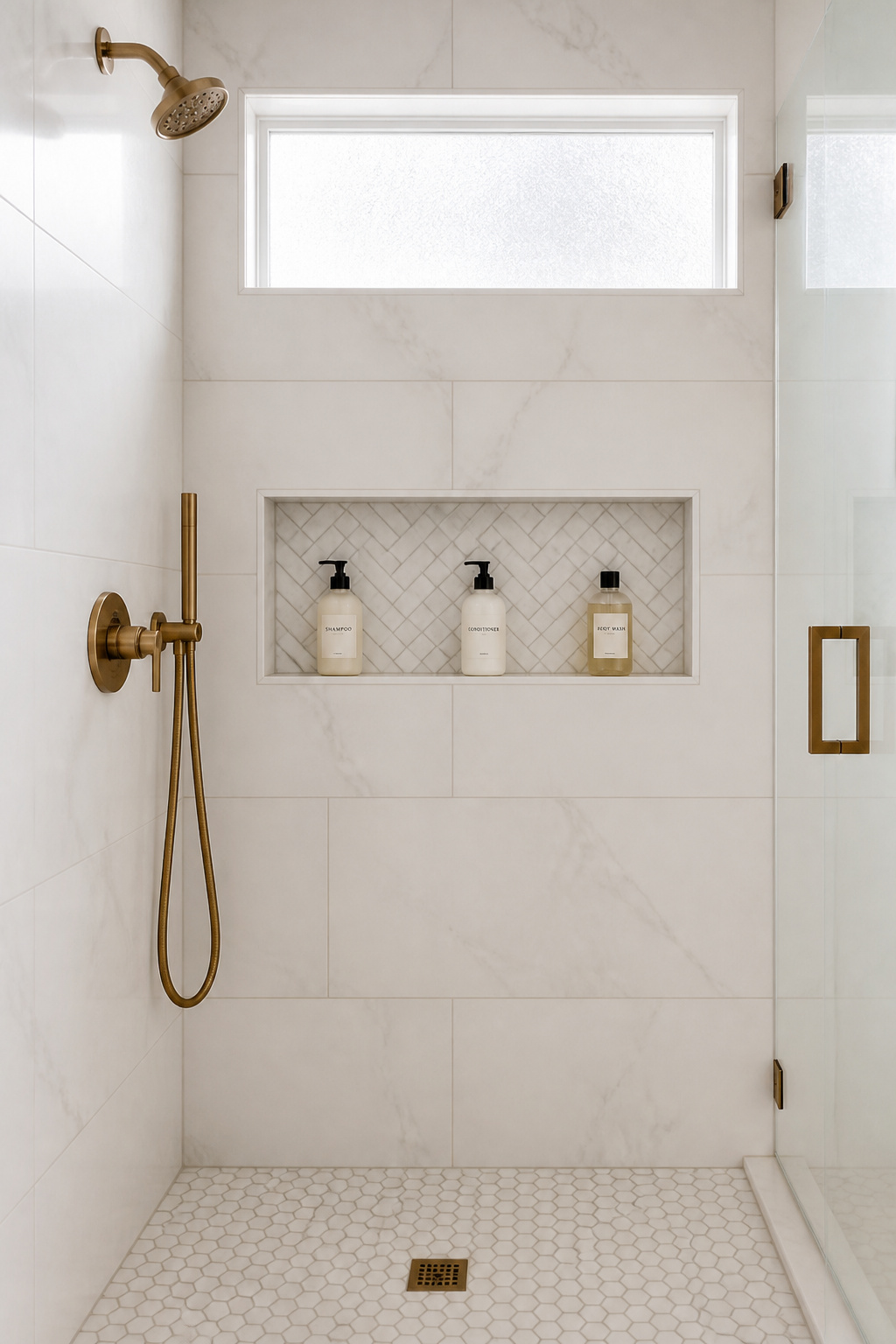 A 12x24-inch recessed shower niche with a herringbone marble interior holds shampoo and conditioner flush with the wall — no protruding caddy, no clutter, no compromise.