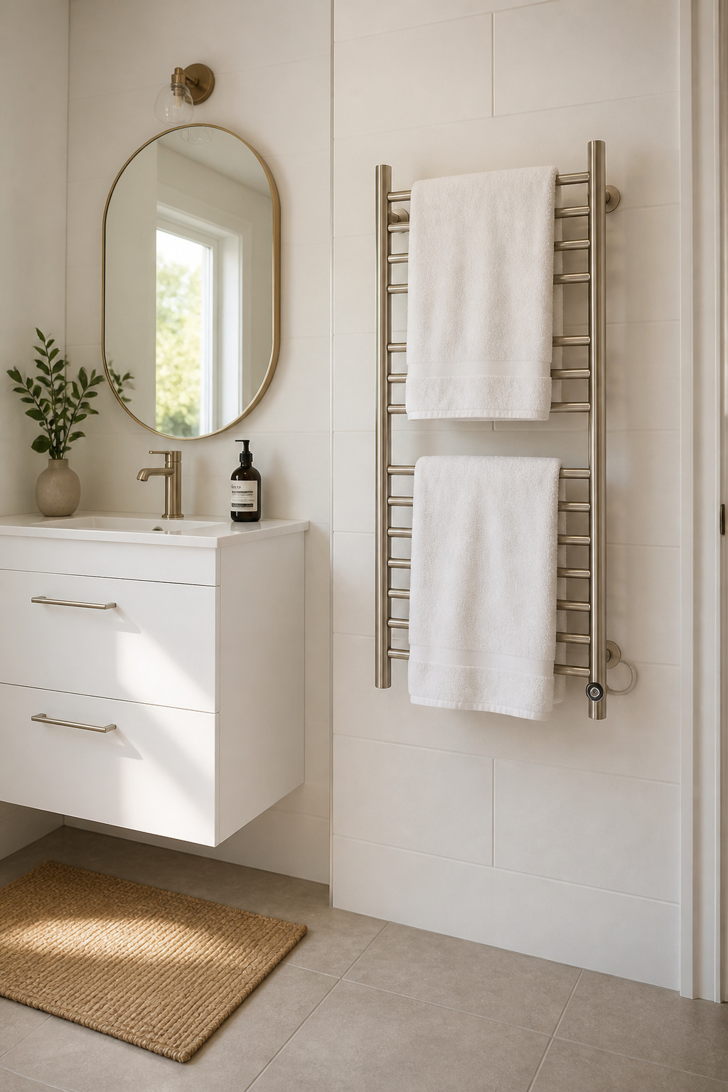 A 24-inch brushed nickel electric heated towel rail mounted at 48 inches holds two full bath towels and doubles as supplemental bathroom warmth — no separate towel storage unit required.