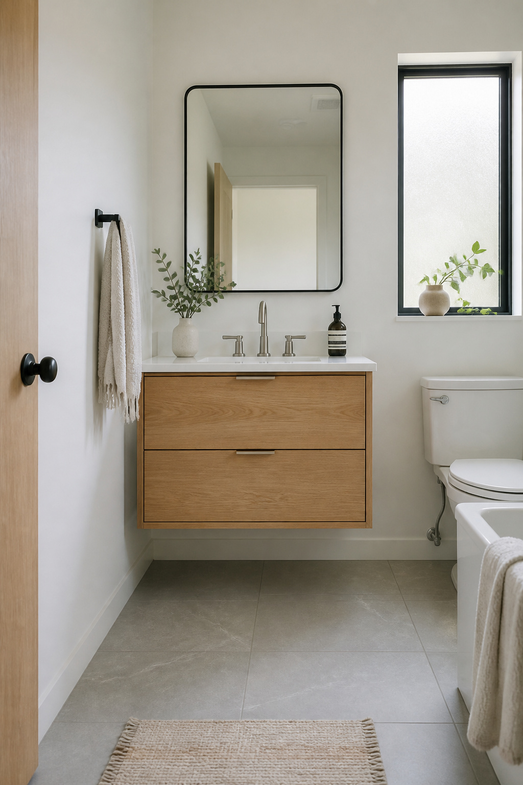 A 30-inch floating white oak vanity with two-drawer storage mounted at 35 inches, leaving unobstructed floor space beneath for a cleaner, larger-feeling bathroom.