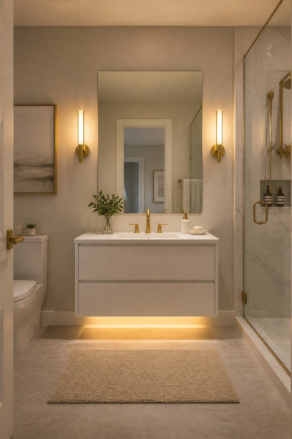Side-mounted brushed gold sconces at 63 inches flanking a large frameless mirror eliminate all facial shadow at the vanity, while an under-vanity LED strip adds warm ambient layering below.