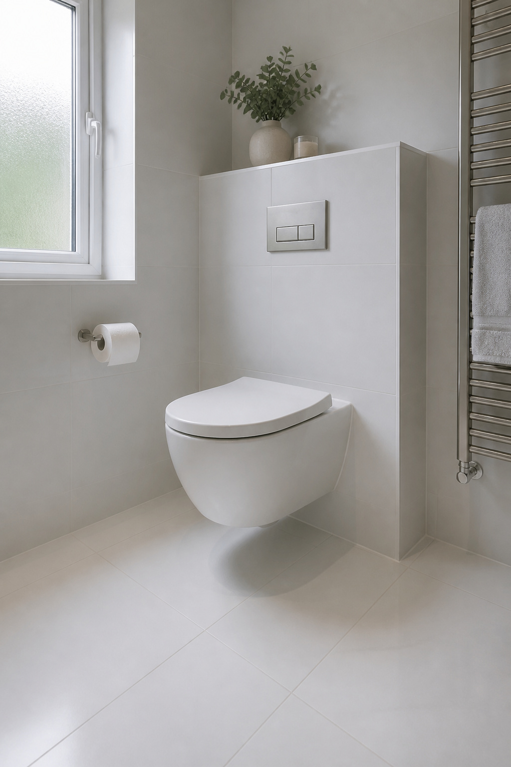 A wall-hung toilet bowl with concealed in-wall tank leaves visible floor space beneath and eliminates the visual bulk of a standard tank toilet in a tight bathroom footprint.