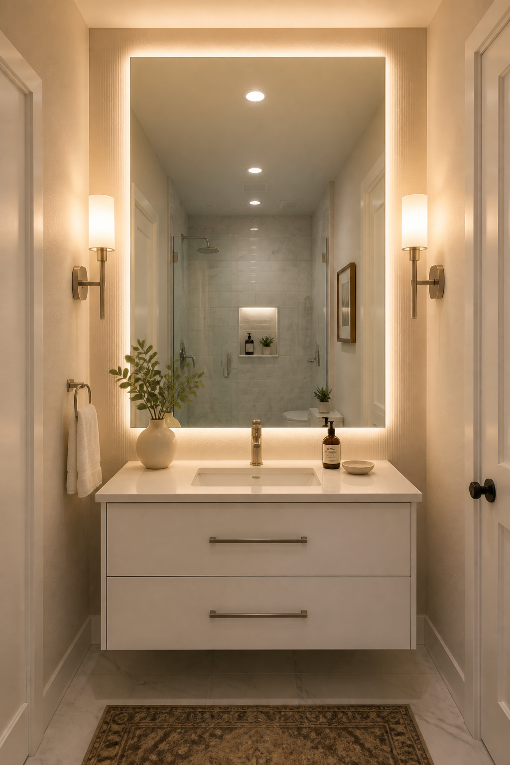 A large LED backlit mirror paired with side sconces covers the full vanity wall of a small bathroom, visually doubling the room's apparent depth with warm glow lighting.
