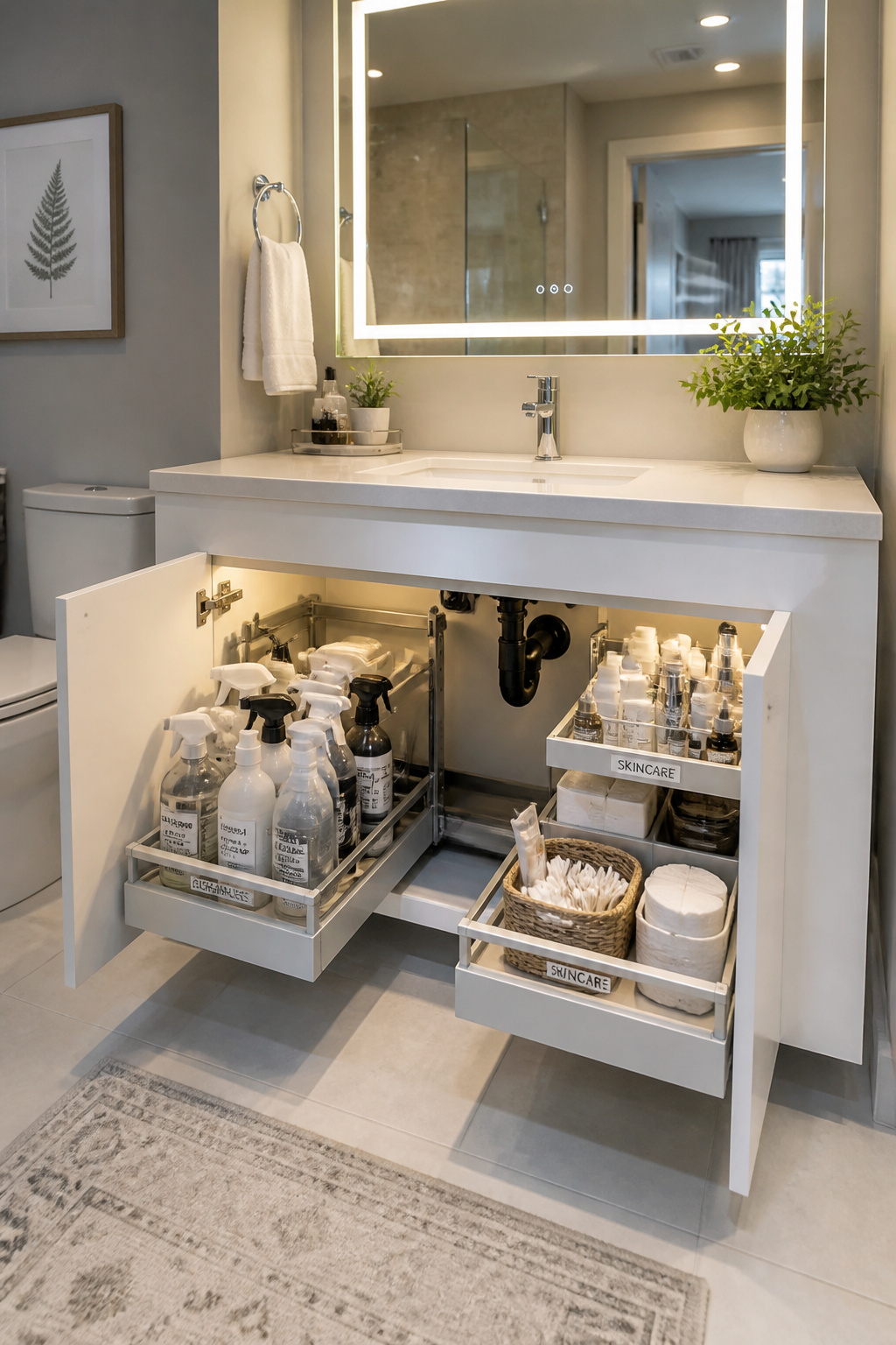 Two L-shaped steel pull-out drawer organizers beneath a bathroom vanity work around the drain pipe to convert dead cabinet space into fully accessible, systematically organized storage.