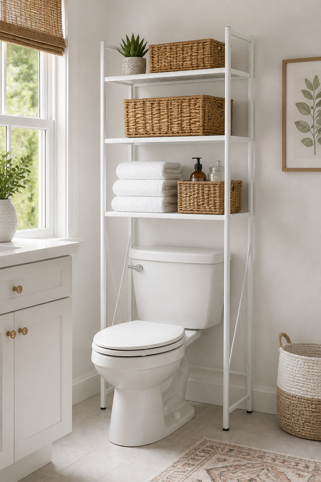 A four-tier white over-toilet shelving unit converts 3 feet of unused vertical airspace above the toilet into organized wicker basket storage, towel display, and decorative accents.