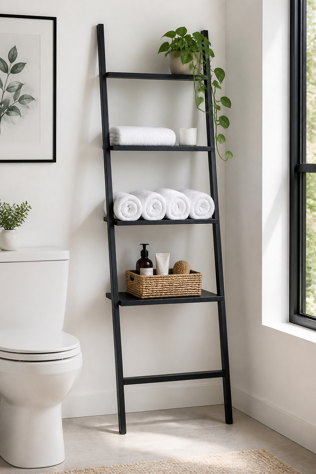 A matte black metal ladder shelf beside the toilet converts an unused corner into four tiers of organized vertical storage — plants, towels, and baskets assigned to specific tiers for a curated rather than cluttered result.