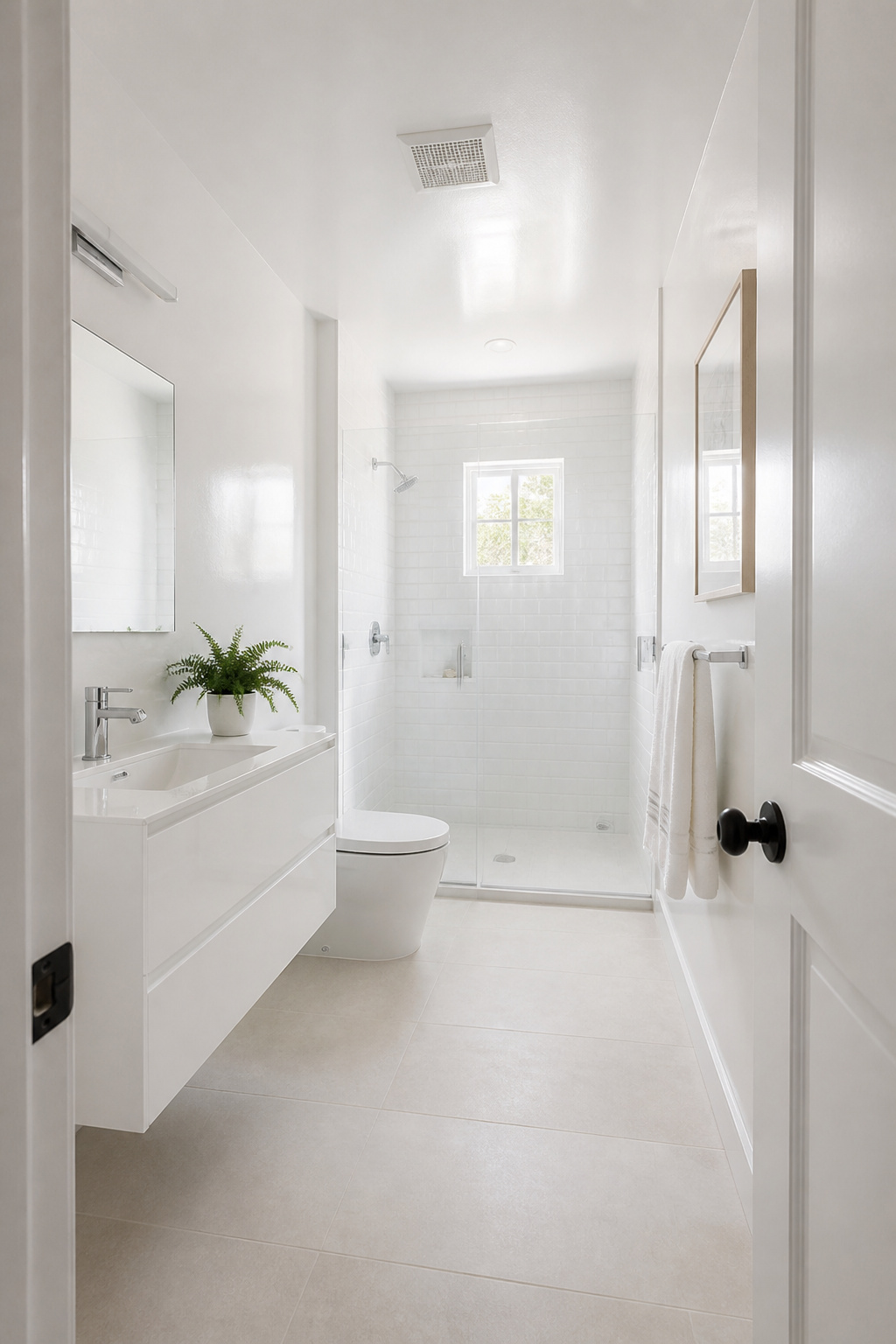Continuous cool white semi-gloss from floor to ceiling — walls, ceiling, and vanity in the same light palette — removes the visual box effect and makes this compact bathroom read as bright and open.