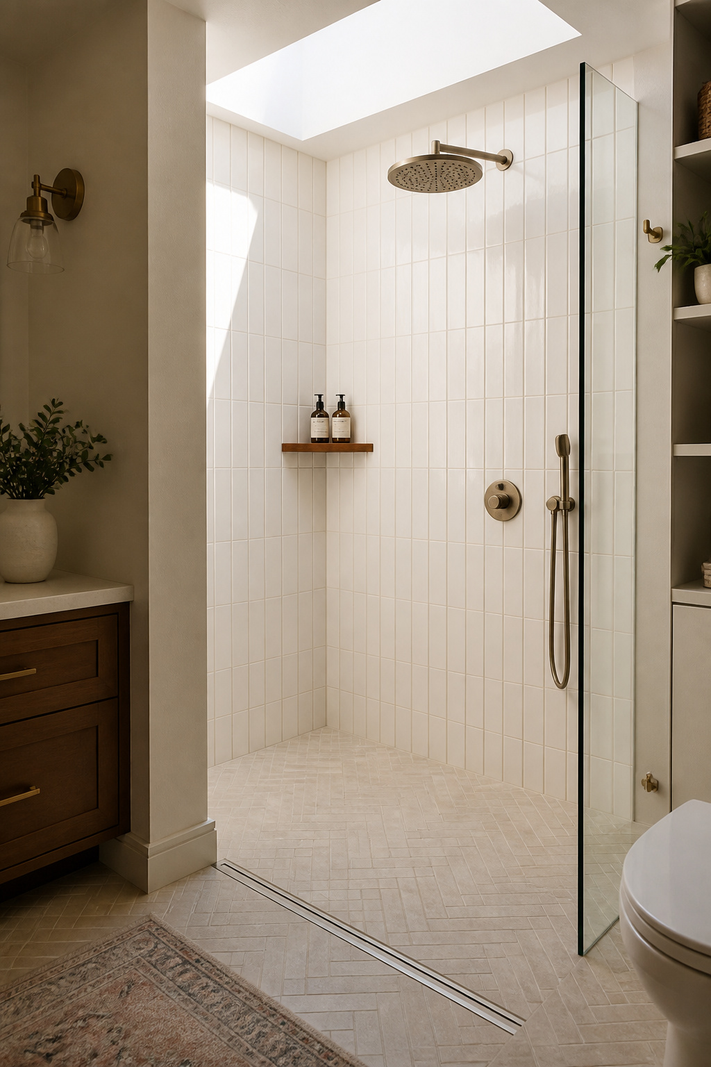 A curbless 36x48-inch walk-in shower with vertical subway tile and a teak corner shelf replaces a bulky tub to open up the bathroom floor plan dramatically.