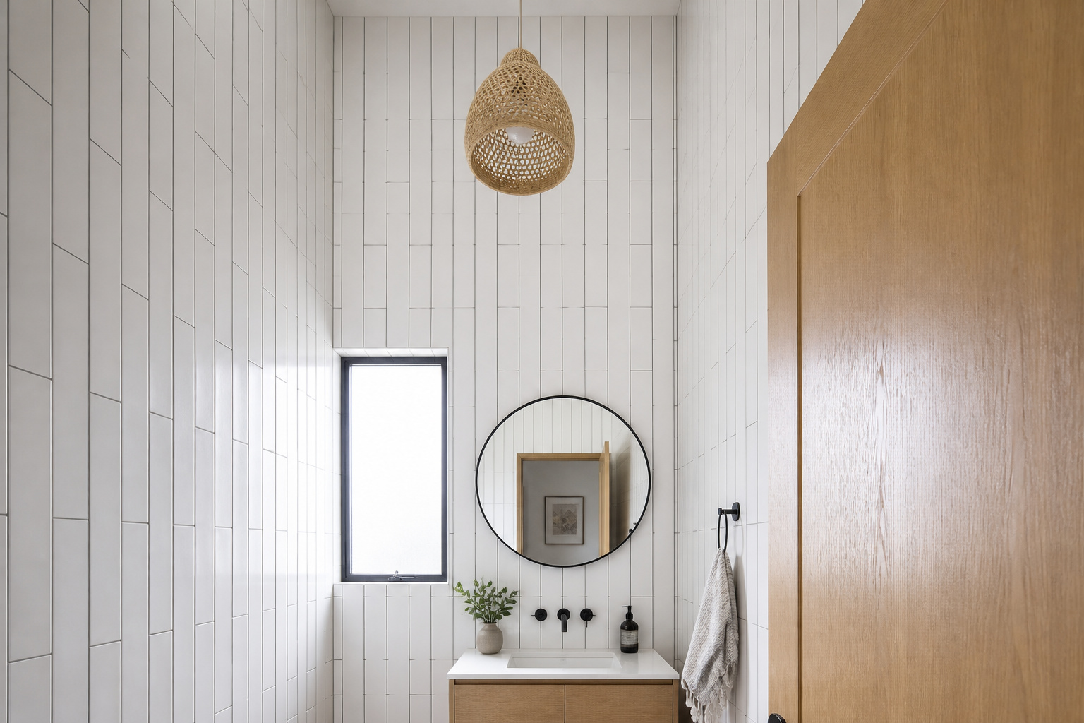 Floor-to-ceiling 4x12 elongated subway tile installed vertically with gray grout creates a strong upward visual movement that makes this small bathroom's 8-foot ceiling feel considerably taller.
