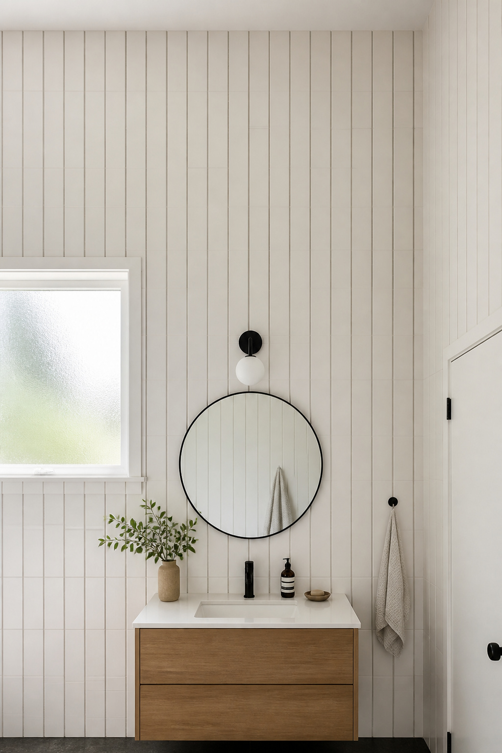 Floor-to-ceiling 4x12 elongated subway tile installed vertically with gray grout creates a strong upward visual movement that makes this small bathroom's 8-foot ceiling feel considerably taller.