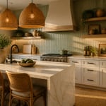 A layered kitchen interior featuring white oak open shelving, sage tile backsplash, waterfall quartz island, and rattan pendants — a study in material combinations that balance warmth and sophistication.
