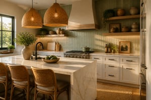 A layered kitchen interior featuring white oak open shelving, sage tile backsplash, waterfall quartz island, and rattan pendants — a study in material combinations that balance warmth and sophistication.