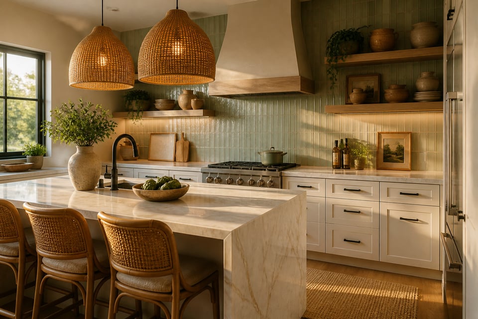 A layered kitchen interior featuring white oak open shelving, sage tile backsplash, waterfall quartz island, and rattan pendants — a study in material combinations that balance warmth and sophistication.