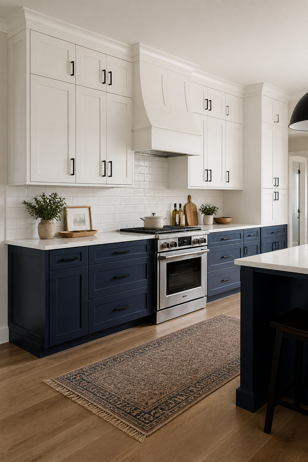 White uppers meet deep navy lowers at the countertop line, with matte black hardware holding both tones together — a two-tone kitchen that feels deliberate from every angle.