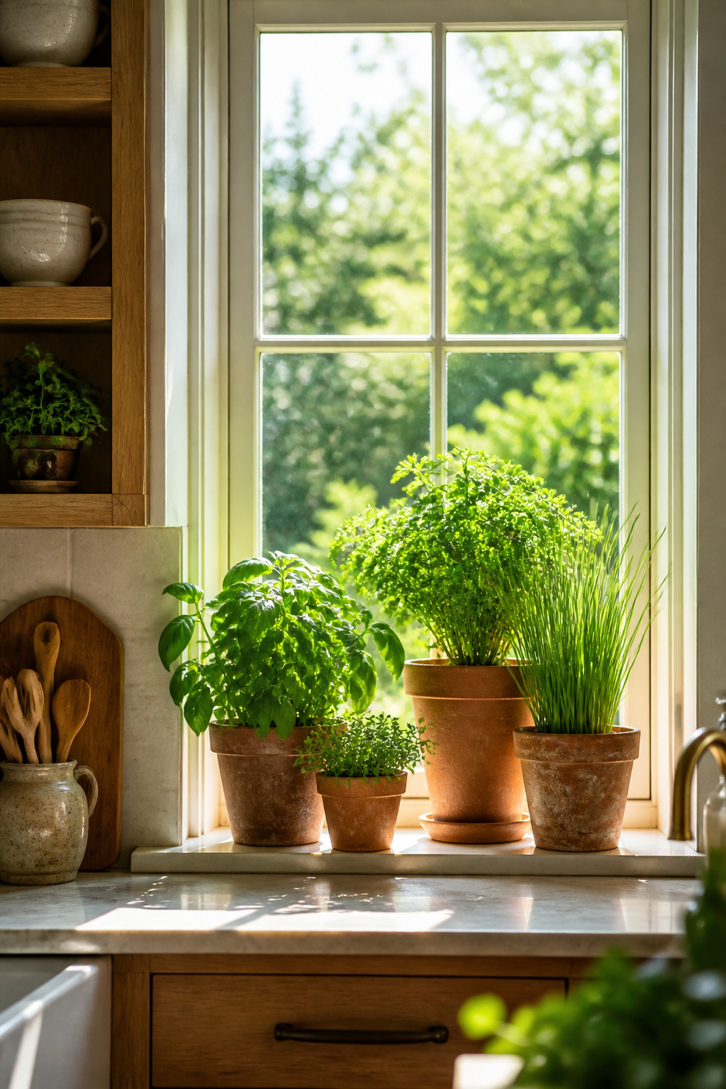 A south-facing kitchen windowsill of terracotta herb pots — basil, thyme, and parsley in strong natural light, backlit to a warm glow.