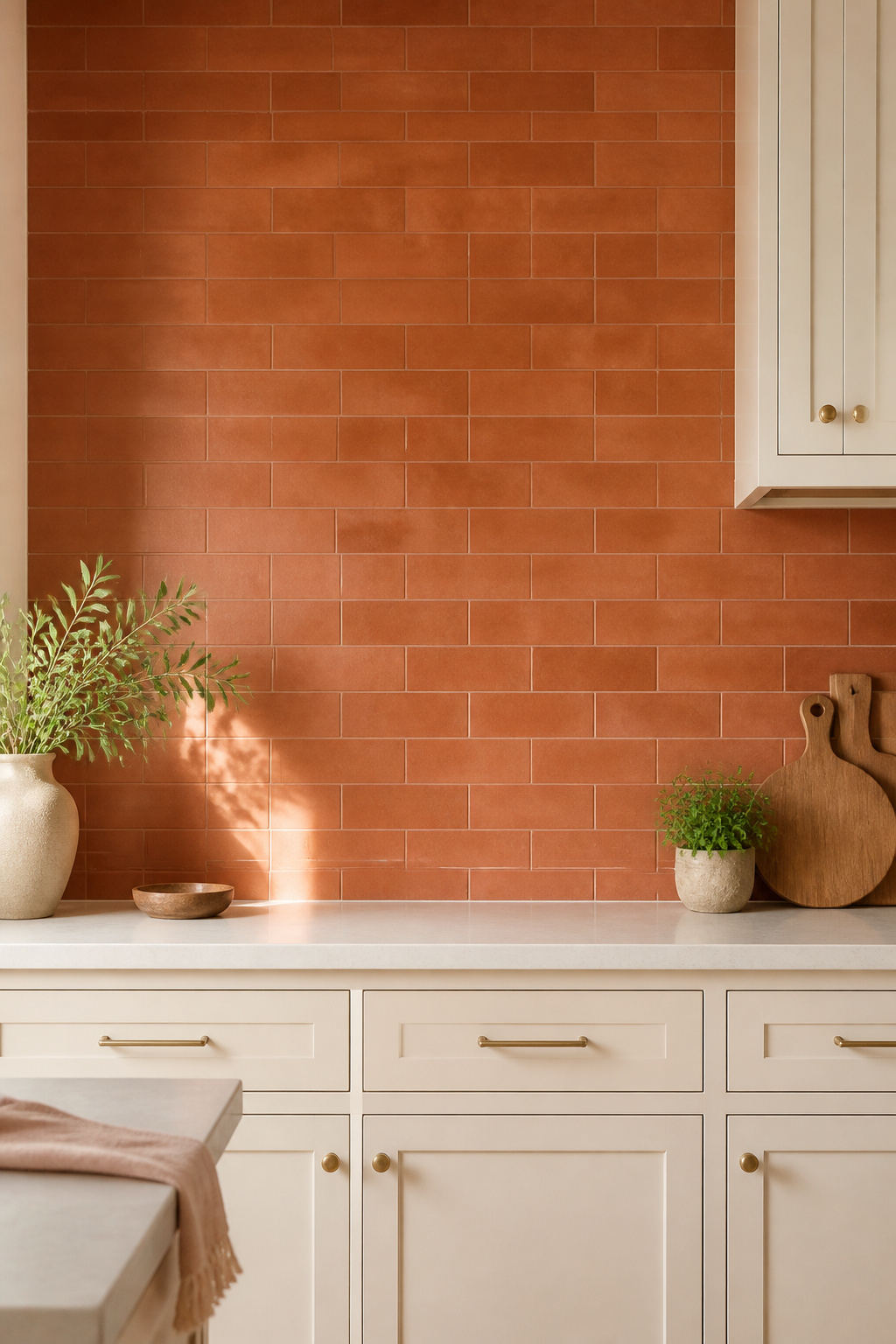 A full-height matte terracotta subway tile backsplash with sand grout — the warm clay tone transforms the kitchen with a single material decision.
