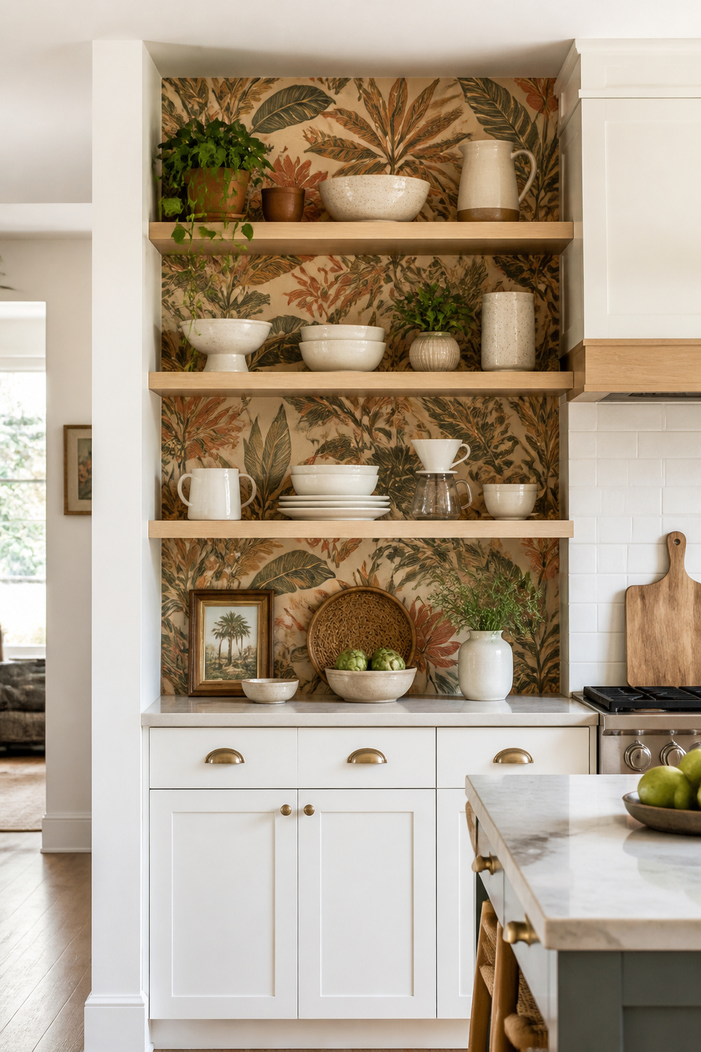 A botanical print wallpaper lining the back of kitchen open shelving — visible between handmade ceramics on white oak shelves, doing design work where steam and splatter can't reach it.