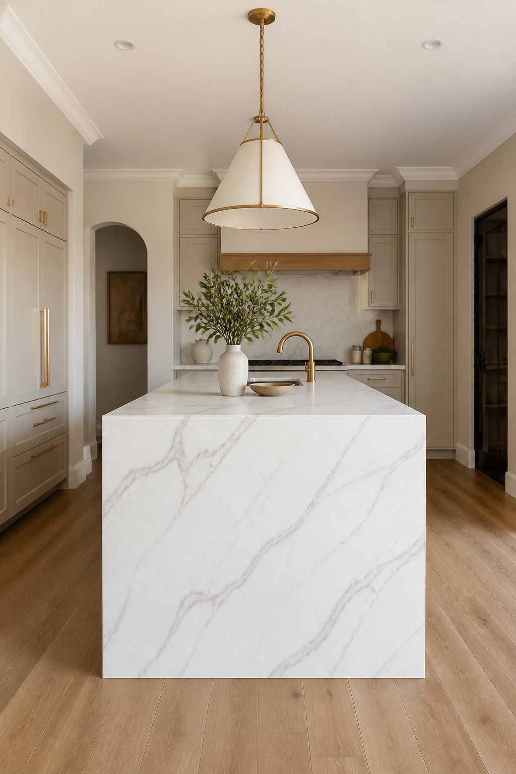 A waterfall-edge quartz countertop on a kitchen island — the same veined stone surface flowing uninterrupted from horizontal to vertical makes the island read as one sculptural object.