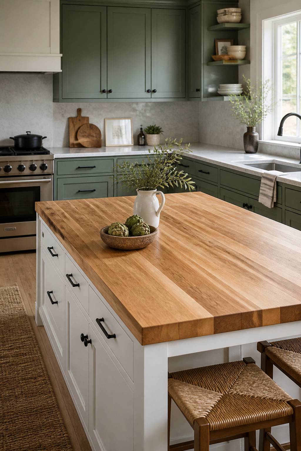 Cool grey quartz perimeter countertops meeting a warm honey butcher block island — the contrast in material temperature makes both surfaces look better for the comparison.