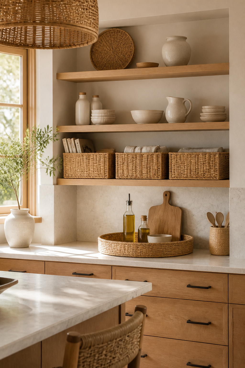 Matching rattan shelf baskets, a seagrass tray vignette on the counter, and a rattan pendant visible above — organic texture woven through the vertical space of a kitchen.