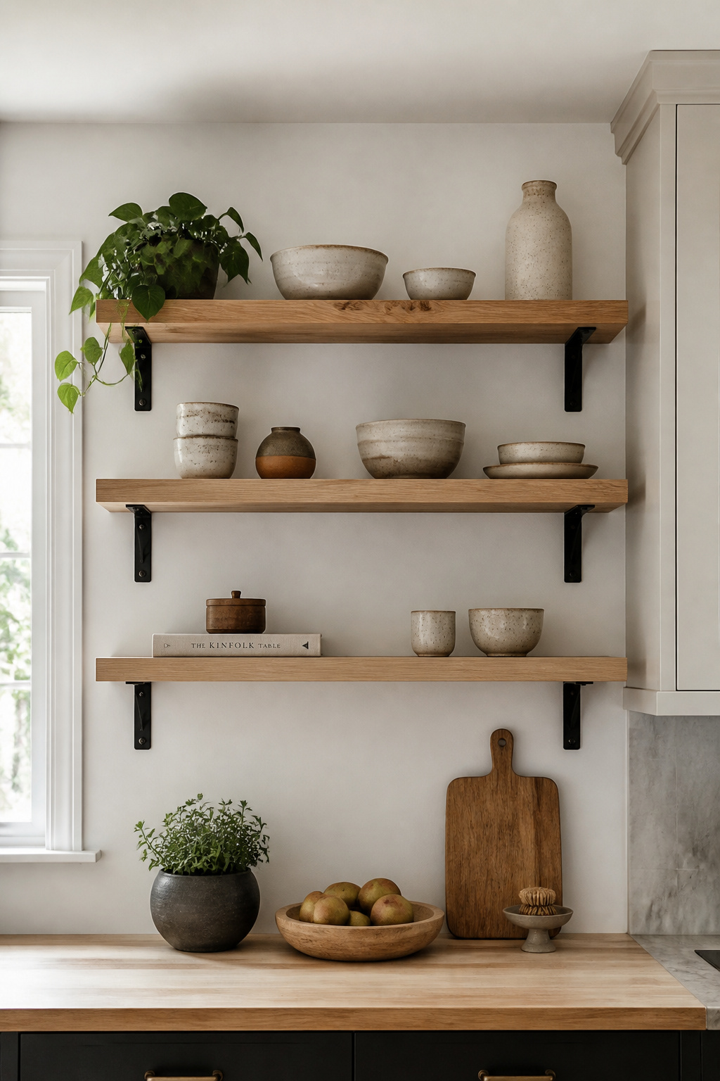 White oak floating shelves with black iron brackets, styled with handmade ceramics, a trailing plant, and a linen-covered cookbook — the wood grain doing quiet visual work.
