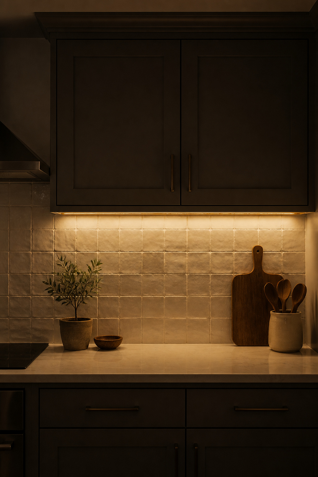 Under-cabinet LED lighting raking across a handmade tile backsplash at dusk — the low angle reveals glaze texture and grout depth that flat overhead light completely misses.