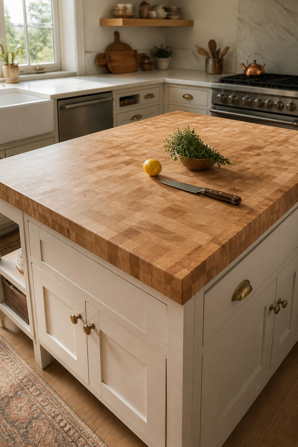 End-grain maple butcher block on the kitchen island, oiled to a warm matte finish — the tight grain pattern and honey tone visible in raking natural light.