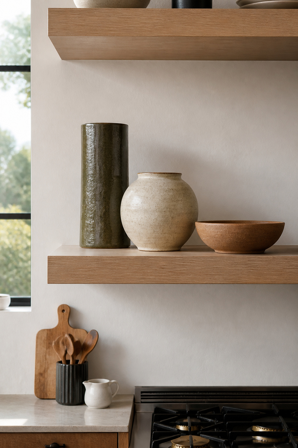 Three handmade ceramics — tall olive cylinder, round cream vessel, small terracotta bowl — arranged in a visual triangle on white oak shelving, with intentional breathing room between each piece.