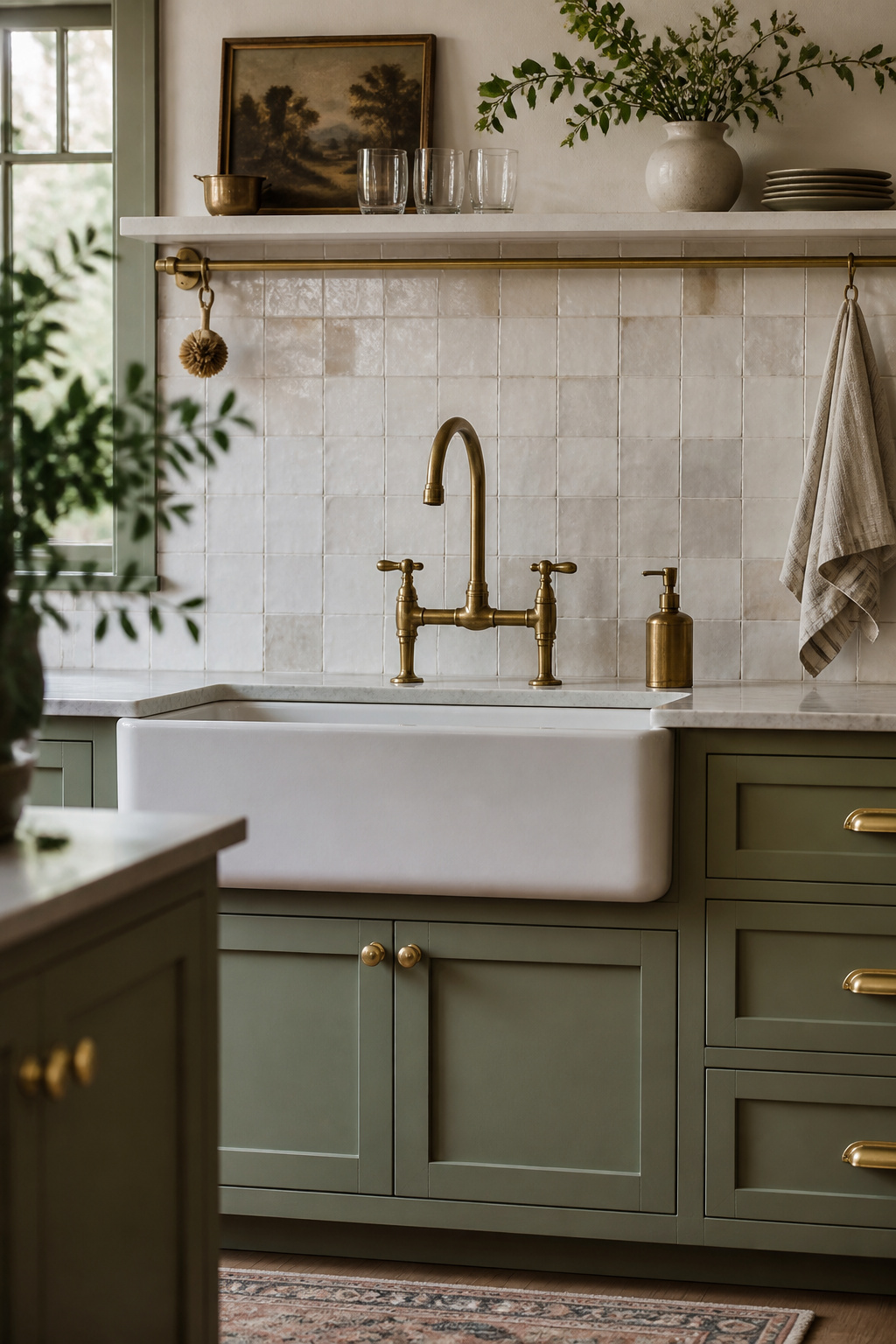 An unlacquered brass bridge faucet at a white farmhouse sink against sage cabinet faces — the patina already beginning to develop, deepening the warmth.