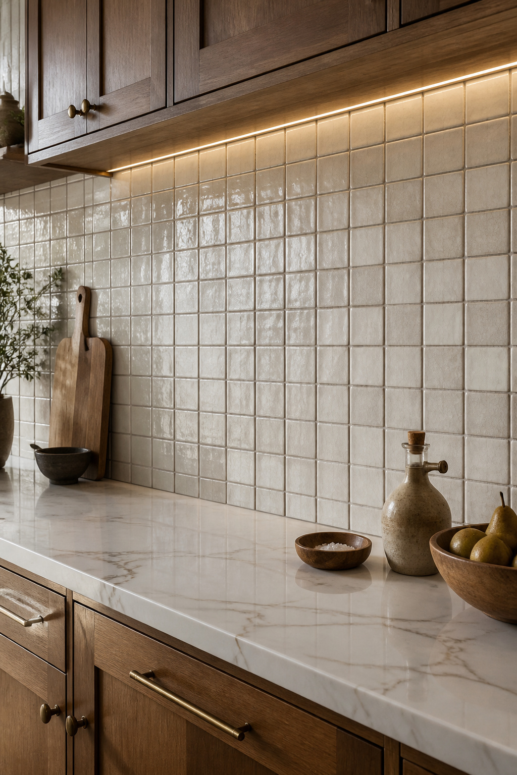 A full-height handmade ceramic backsplash in crackled warm-white glaze with charcoal grout — under-cabinet lighting raking across the surface reveals every variation in the glaze.