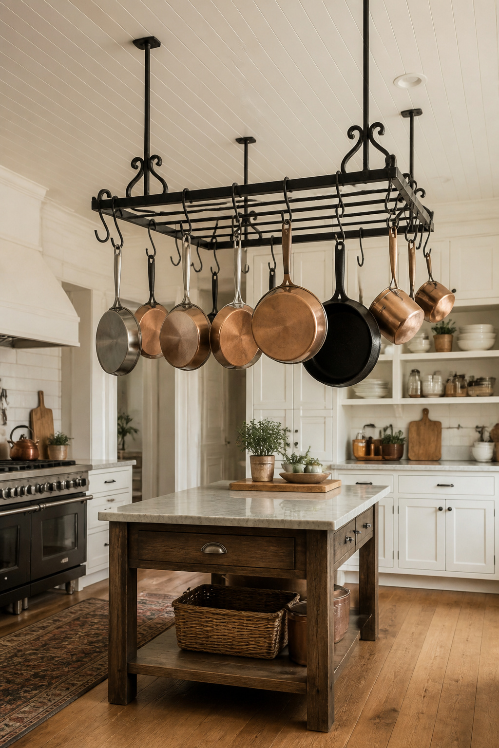 A wrought iron ceiling pot rack holding copper and stainless cookware with intentional empty hooks — the cookware itself becomes the kitchen's overhead decor.