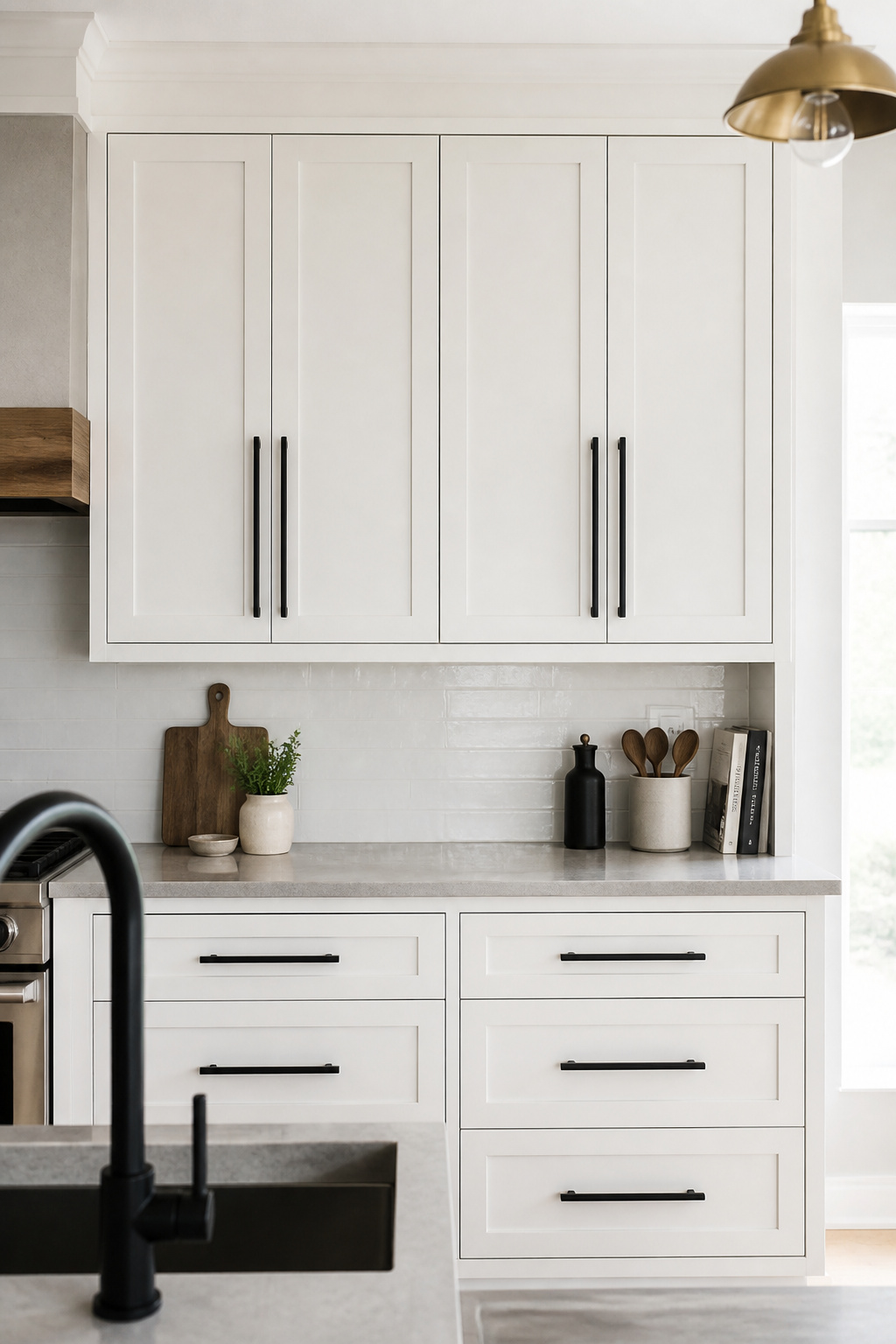 Matte black bar pulls against white shaker cabinet doors — the finish absorbs light completely, letting the hardware shape rather than the finish do the visual work.