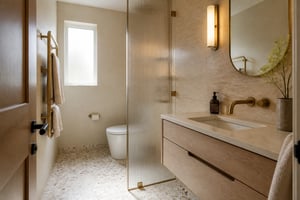 A small bathroom that combines travertine, aged brass, white oak, and terrazzo demonstrates that the size of the canvas does not limit the ambition of the material conversation.