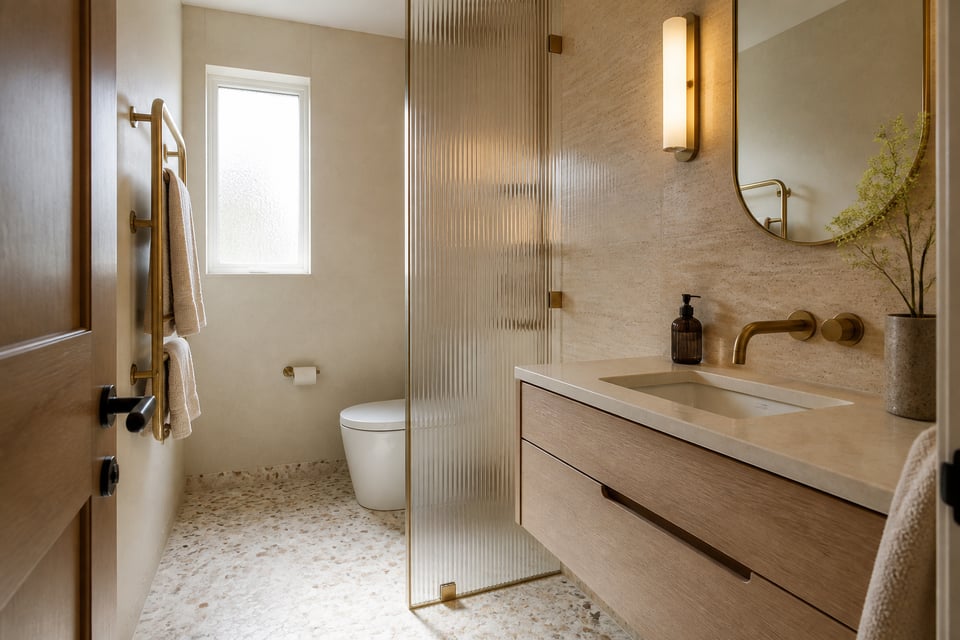 A small bathroom that combines travertine, aged brass, white oak, and terrazzo demonstrates that the size of the canvas does not limit the ambition of the material conversation.