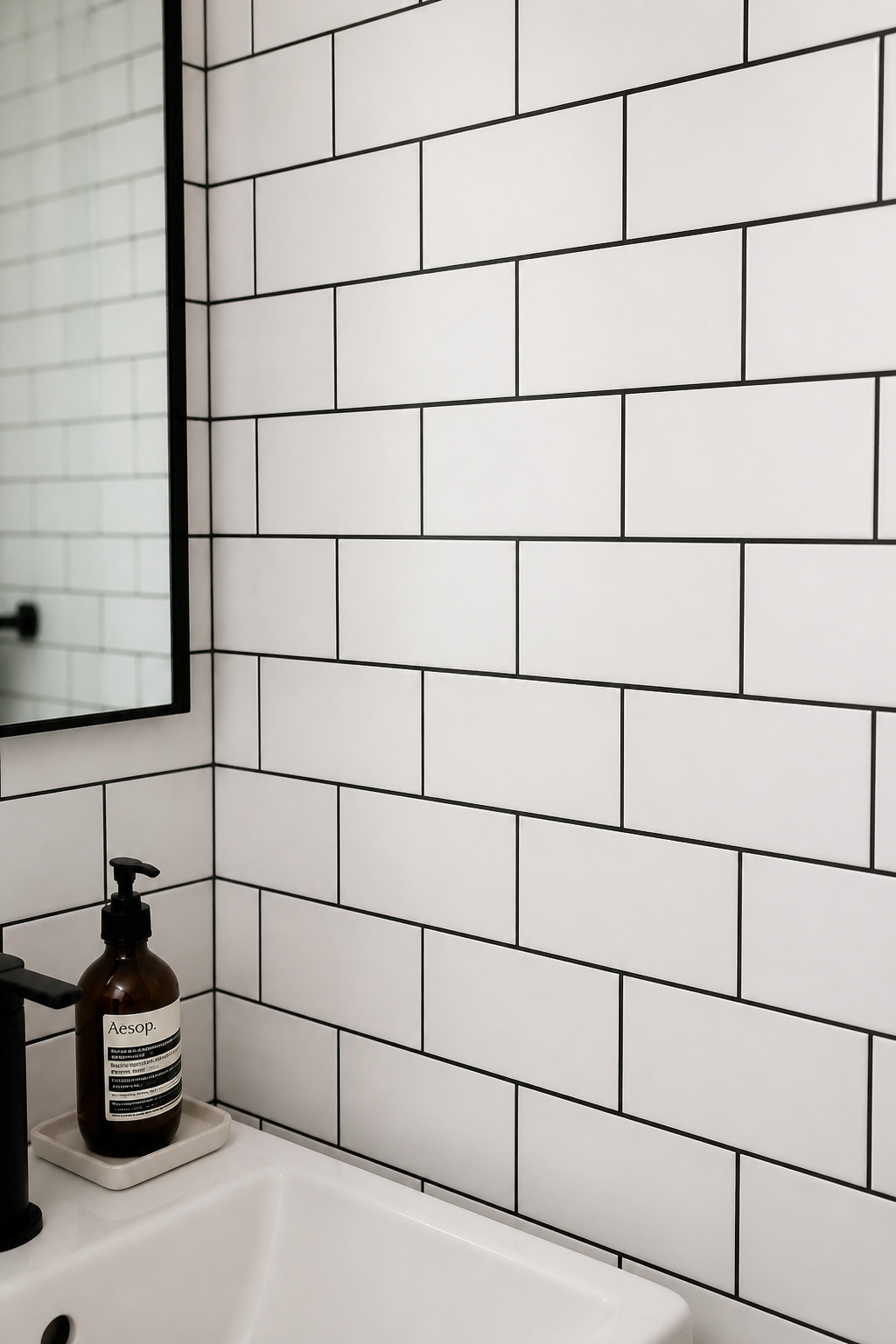 Dark charcoal epoxy grout on white subway tile transforms a standard field into a deliberately graphic surface — the same tile, entirely reimagined.