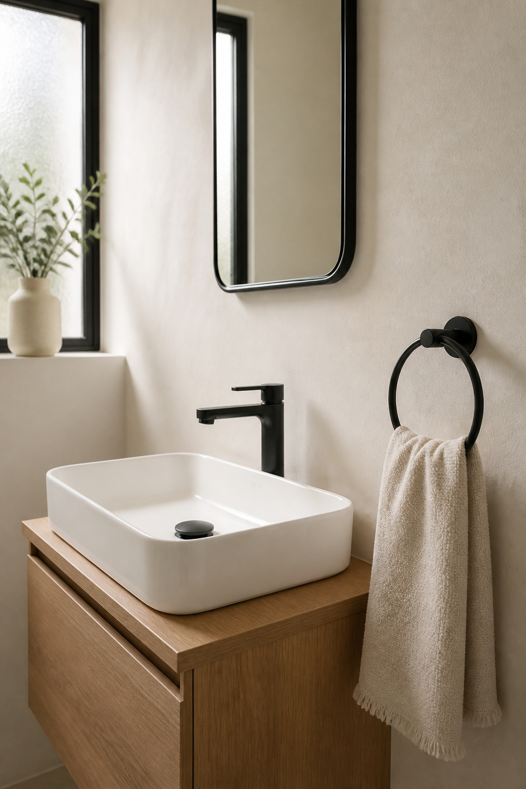 PVD matte black hardware creates visual anchoring in a compact bathroom without the glare of chrome — a definitive, low-maintenance finish choice.