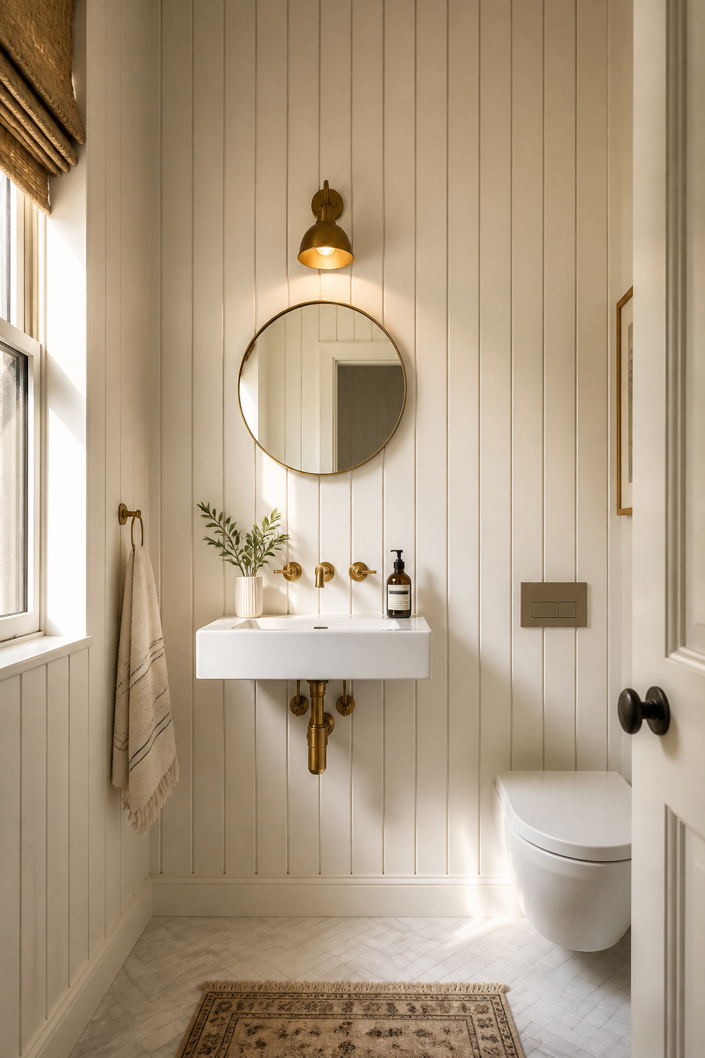 Vertical shiplap runs the eye from floor to ceiling — the shadow gap between each plank creates texture that flat paint cannot achieve.