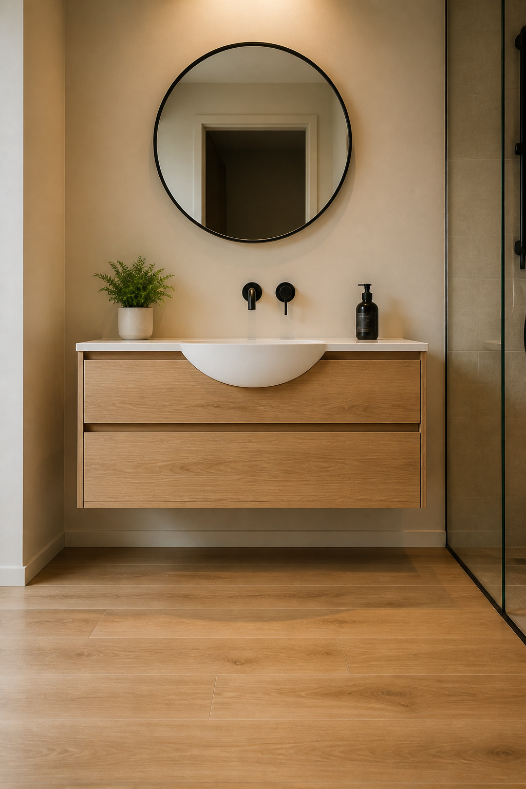 A wall-mounted floating vanity eliminates the visual barrier at floor level — the eye reads the unbroken floor plane as more space than actually exists.