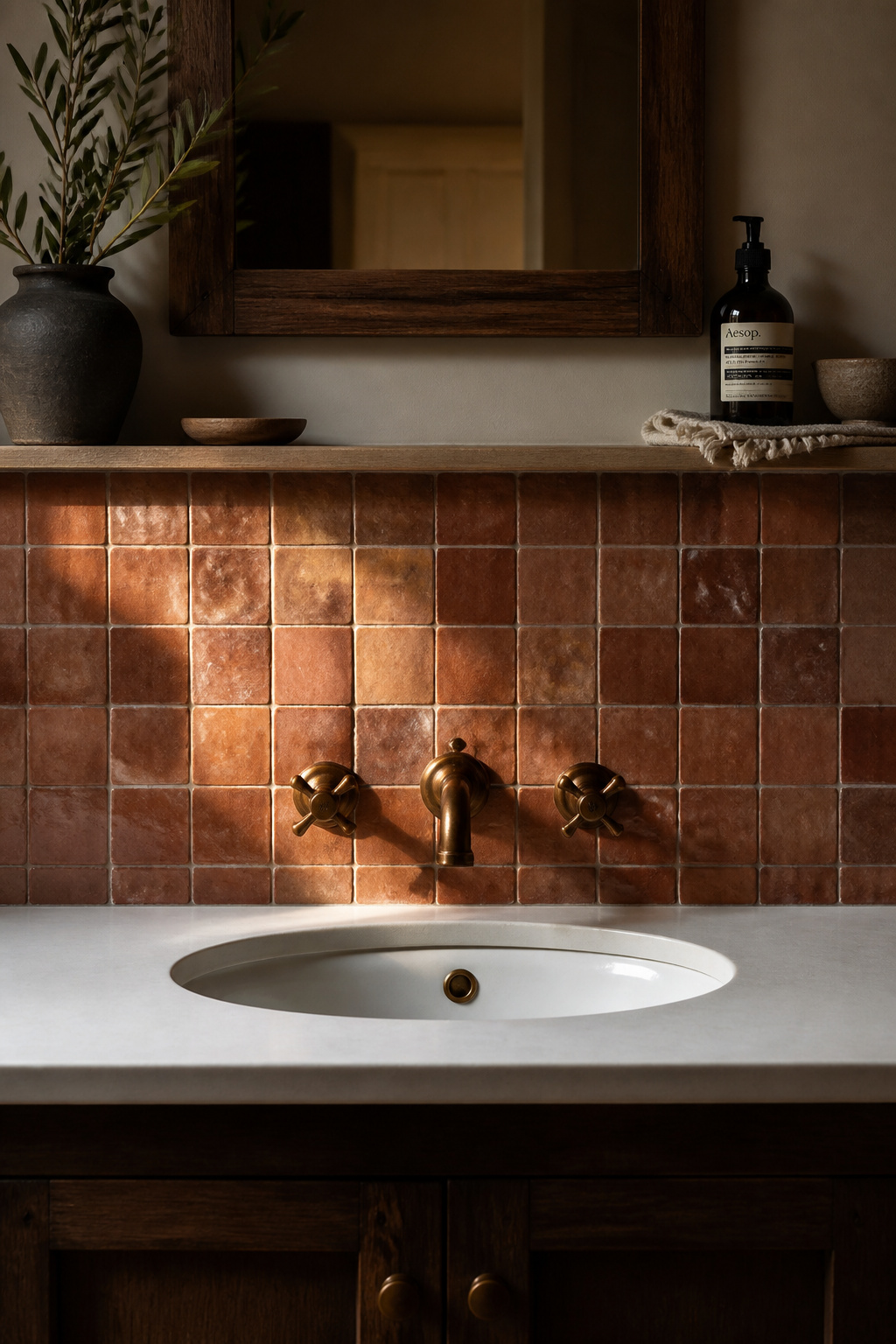 Each zellige tile sits at a fractionally different plane from its neighbours — the resulting shimmer is a quality of handmade manufacture that no machine tile replicates.
