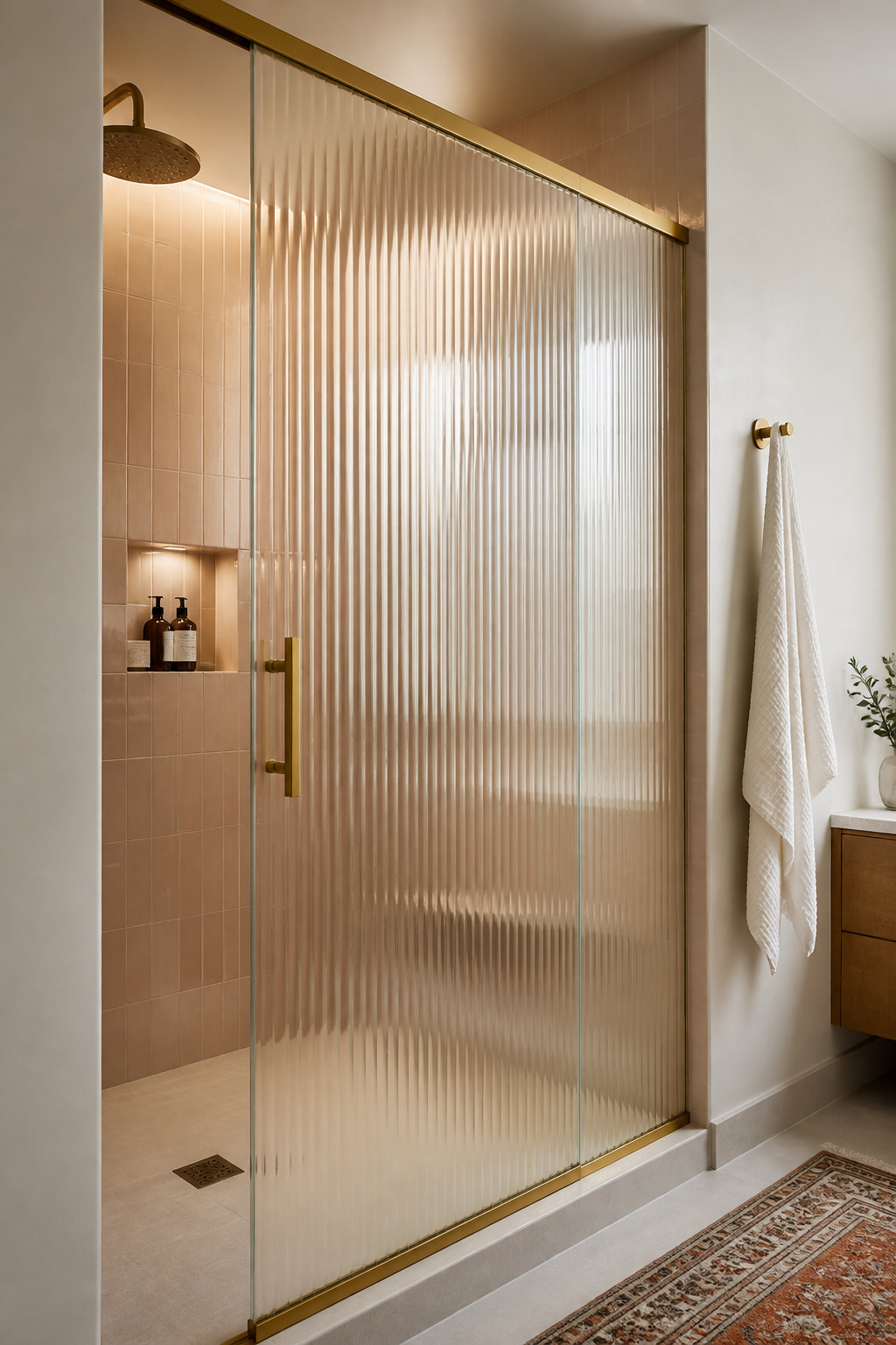 Fluted glass diffuses light across the room while obscuring shower details — a better balance of privacy and openness than either clear or frosted glass achieves.