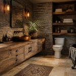 A spacious rustic bathroom remodel featuring reclaimed oak vanity, hammered copper vessel sink, stacked slate accent wall, and Edison vanity lighting — every material chosen to age together beautifully.