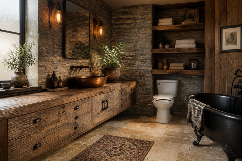 A spacious rustic bathroom remodel featuring reclaimed oak vanity, hammered copper vessel sink, stacked slate accent wall, and Edison vanity lighting — every material chosen to age together beautifully.