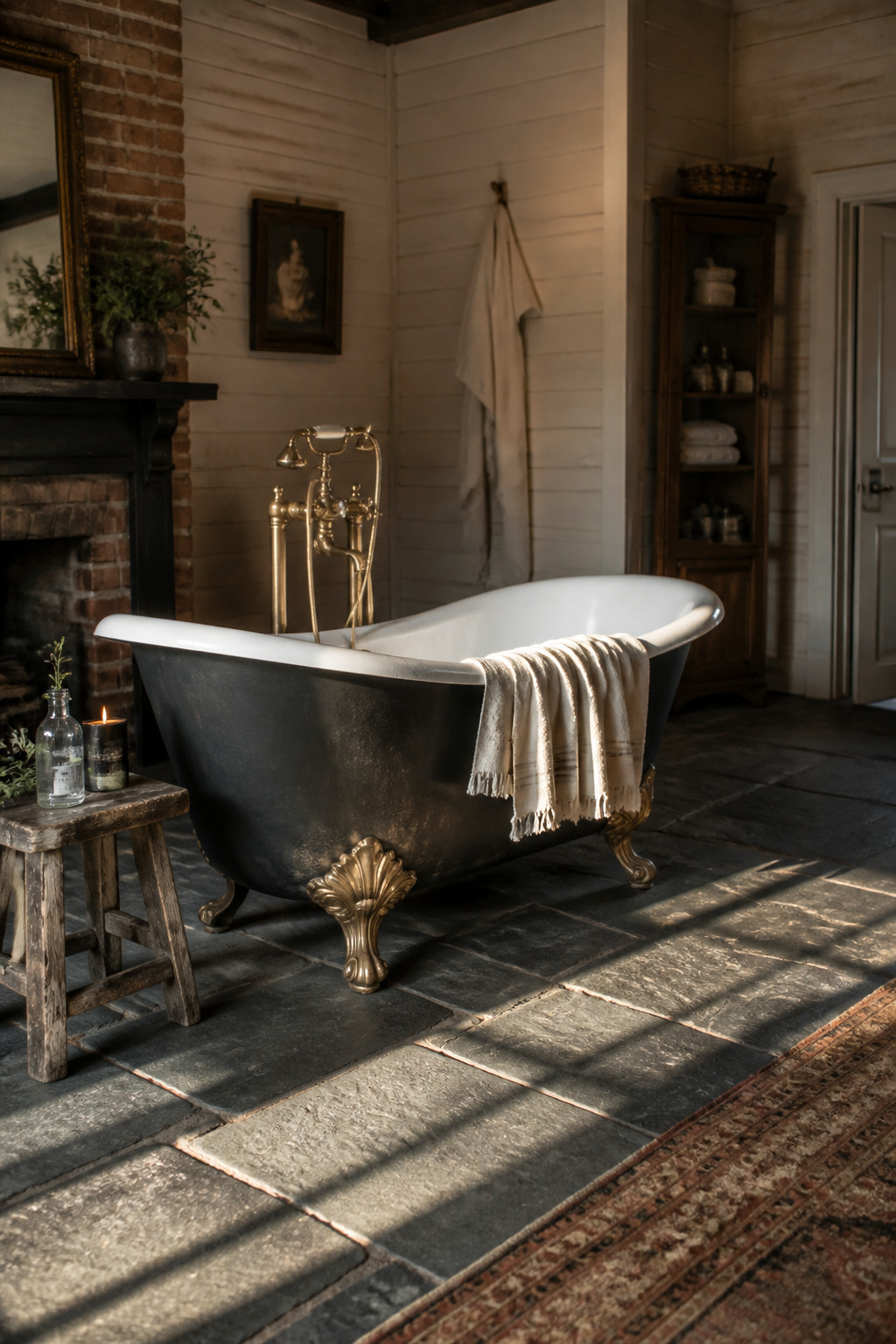 A cast iron clawfoot tub in matte black with aged brass feet — the centrepiece of a rustic bathroom built around materials that earn character over time.